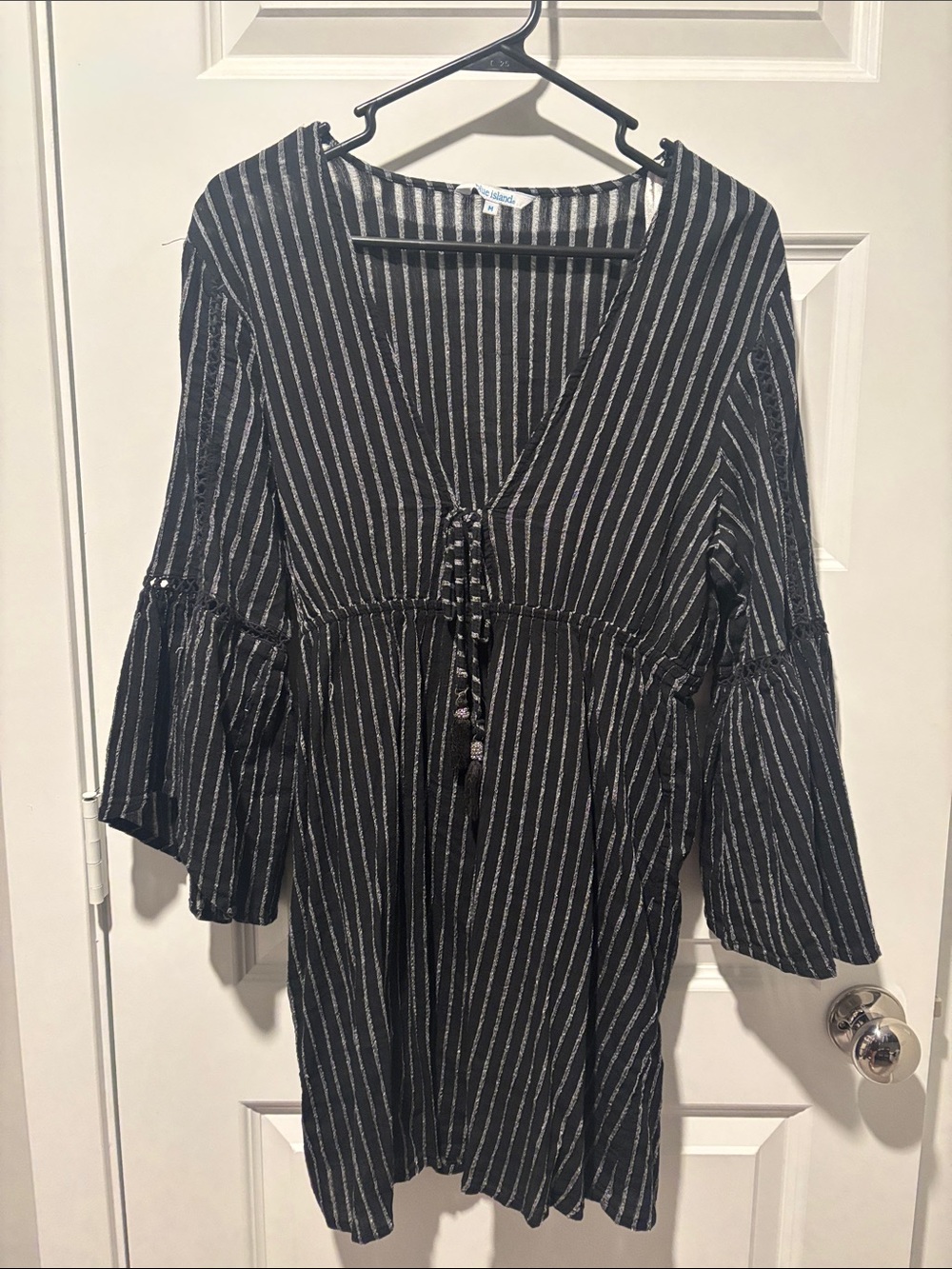 Black Pinstripe V-Neck Tie-Front Mini Cover-up Dress